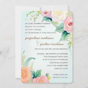 Simple Modern Watercolor Floral Roses Aqua Blue Invitation