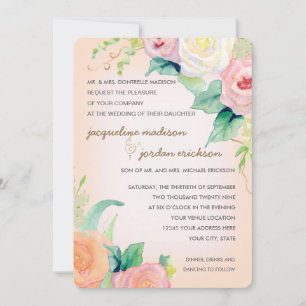 Simple Modern Watercolor Floral Roses Peach Coral Invitation