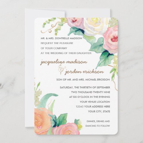 Simple Modern Watercolor Floral Roses Pink Coral Invitation