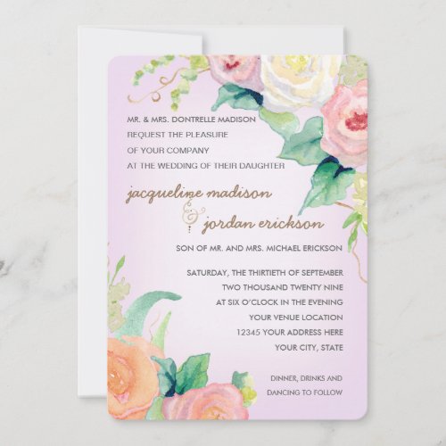Simple Modern Watercolor Floral Roses Wisteria Invitation