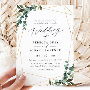 Simple Modern Watercolor Greenery Gold Wedding Invitation