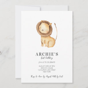 Simple Modern Watercolor Lion 1st Birthday Invitation