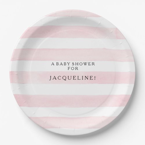 Simple Modern Watercolor Pink and White Stripes  Paper Plates