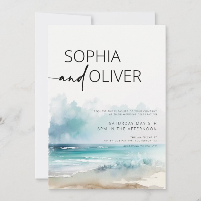 Simple Modern Watercolor Seaside Coastal Wedding Invitation (Front)