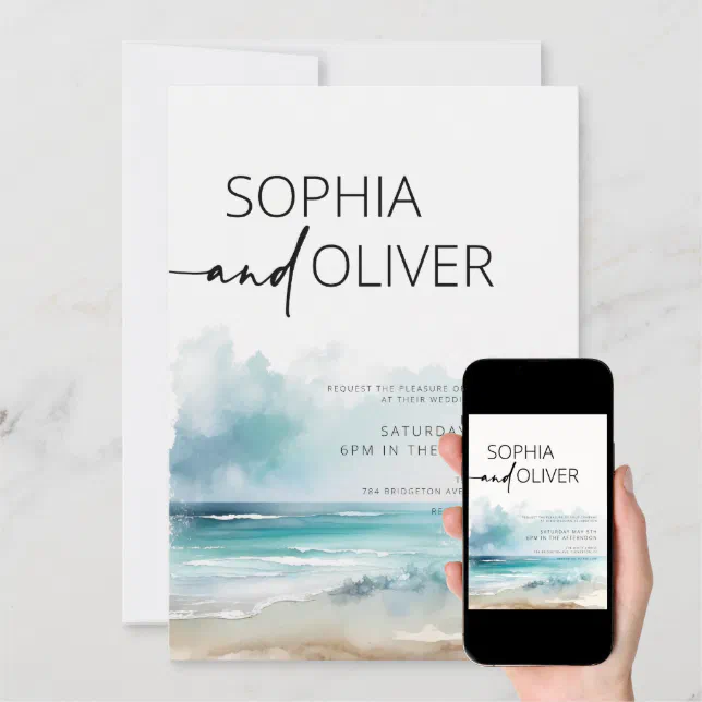 Simple Modern Watercolor Seaside Coastal Wedding Invitation | Zazzle
