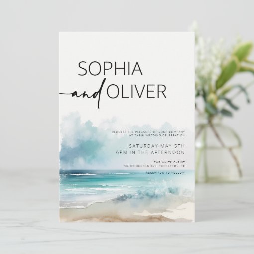 Simple Modern Watercolor Seaside Coastal Wedding Invitation | Zazzle