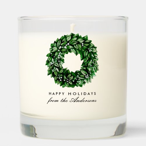 Simple Modern Watercolor Wreath Happy Holidays Scented Candle