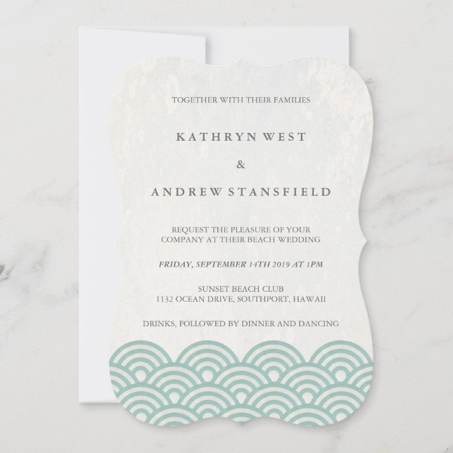Simple Modern Waves Green + White Beach Wedding Invitation (Front)