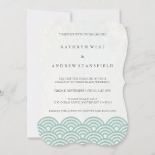 Simple Modern Waves Green + White Beach Wedding Invitation