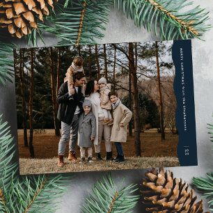 Simple modern wavy edge navy blue Christmas photo Holiday Card