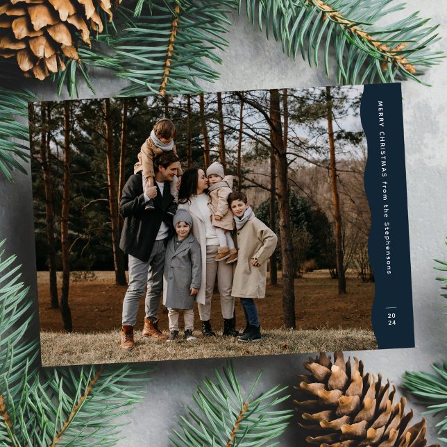 Simple modern wavy edge navy blue Christmas photo Holiday Card (Creator Uploaded)