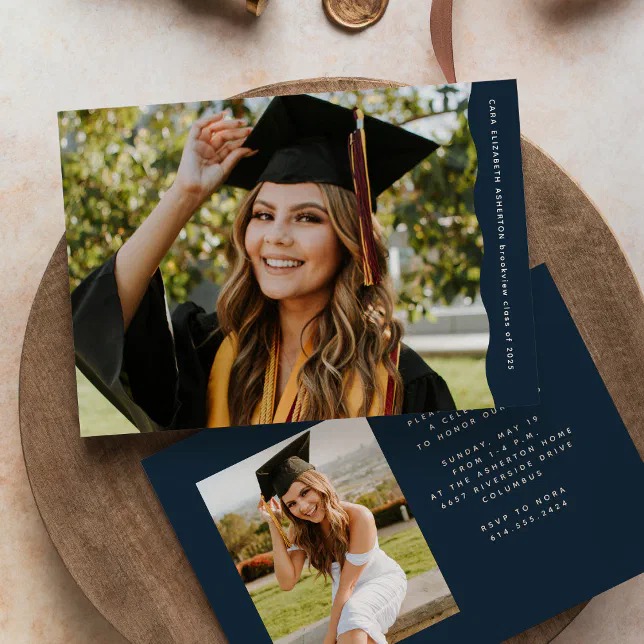 Simple modern wavy edge two photo navy graduation announcement | Zazzle