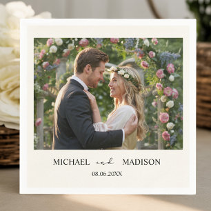Simple Modern Wedding Custom Photo Names & Date    Napkins