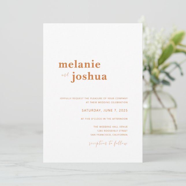 Simple Modern Wedding Invitation | Copper Orange (Standing Front)