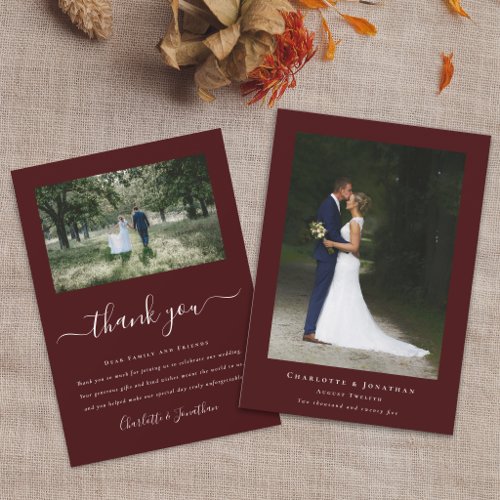 Simple Modern Wedding Photo Burgundy Thank You Card