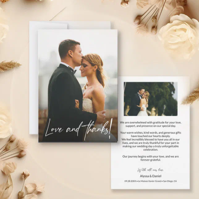 Simple Modern Wedding Photos Love and Thanks Thank You Card | Zazzle