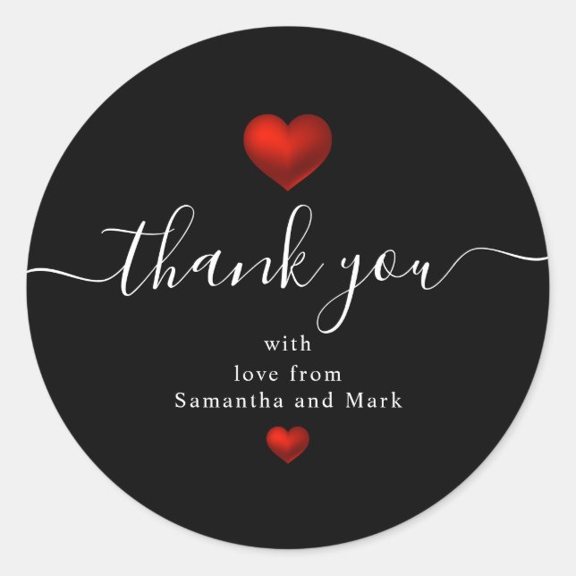 Simple Modern Wedding Red Black Heart Classic Round Sticker (Front)