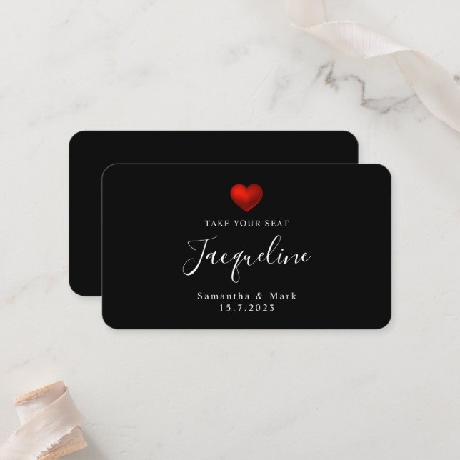 Simple Modern Wedding Red Heart Flat Place Card (Front/Back In Situ)