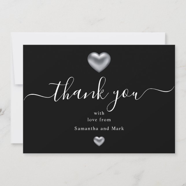 Simple Modern Wedding Silver Black Heart Flat Card (Front)