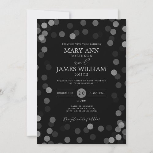 Simple Modern Wedding Silver Confetti Black  Invitation
