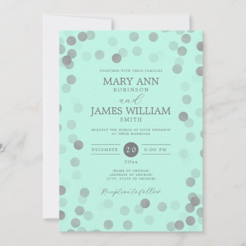 Simple Modern Wedding Silver Confetti Mint  Invitation