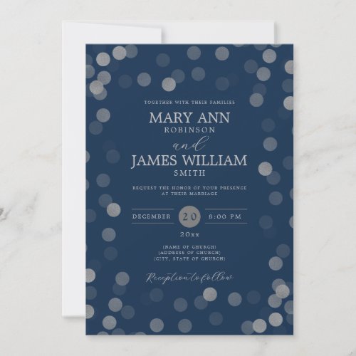 Simple Modern Wedding Silver Confetti Navy  Invitation