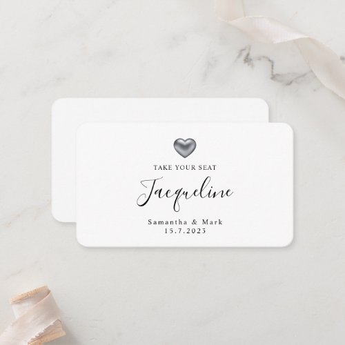 Simple Modern Wedding Silver Heart Flat Place Card