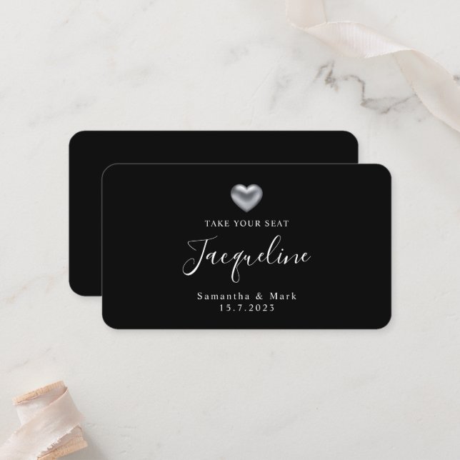 Simple Modern Wedding Silver Heart Flat Place Card (Front/Back In Situ)