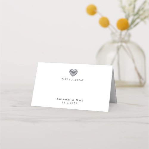 Simple Modern Wedding Silver Heart Place Card