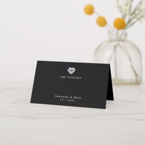 Simple Modern Wedding Silver Heart Place Card