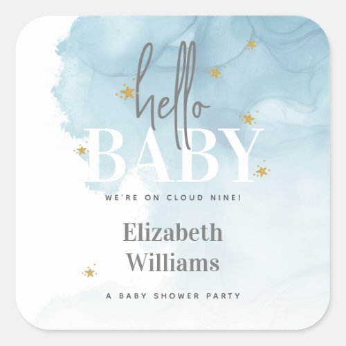 Simple Modern Were on Cloud 9 Hello Baby Shower Square Sticker
