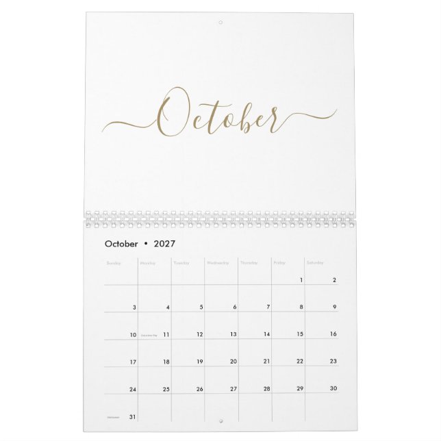 Simple modern white and gold script month custom calendar (Oct 2027)