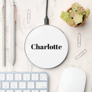 Simple modern white black custom serif name chic wireless charger 