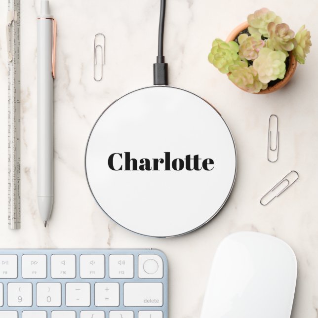 Simple modern white black custom serif name chic wireless charger  (Desk)
