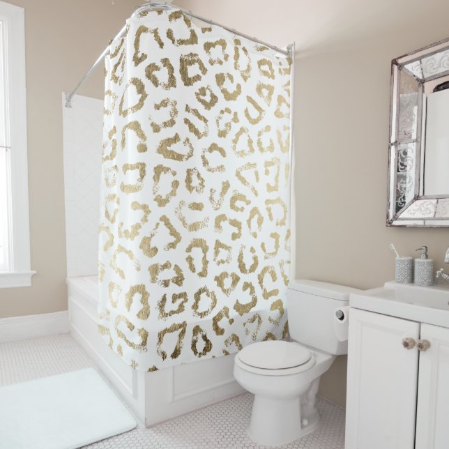 Simple modern white chic faux gold cheetah print shower curtain (In Situ)