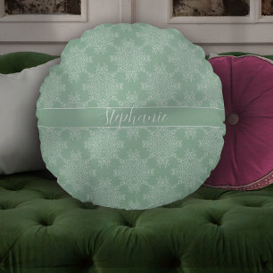 Simple Modern White Floral Damask Light Sage Round Pillow