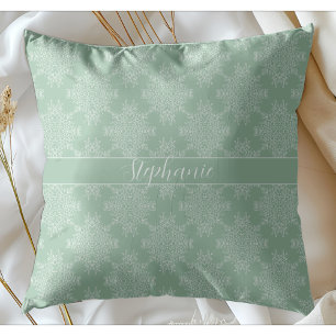 Simple Modern White Floral Damask Light Sage Throw Pillow