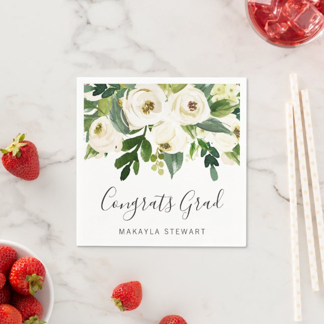 Simple Modern White Floral Elegant Graduation Napkins (Insitu)