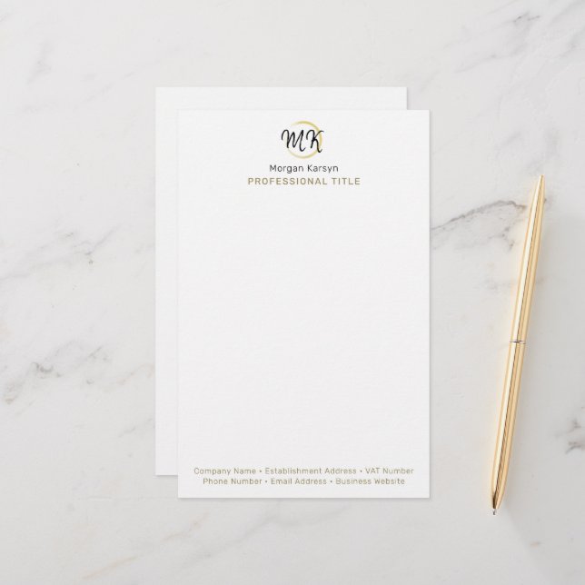 Simple Modern White Gold Elegant Template Monogram Stationery (Front/Back In Situ)