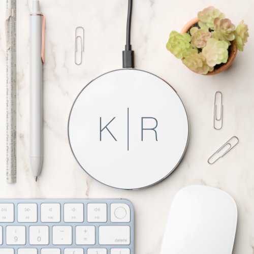 Simple Modern White  Navy Blue Monogram Wireless Charger