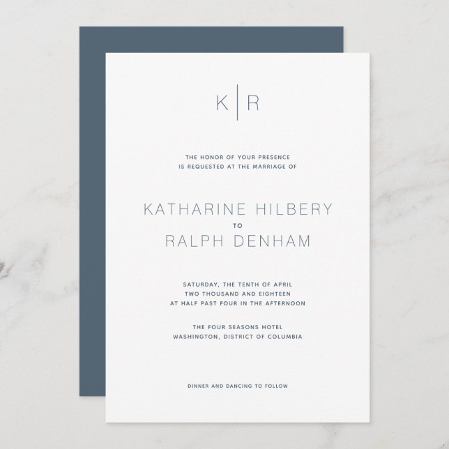 Simple Modern White Navy Blue Wedding Invitation (Front/Back)