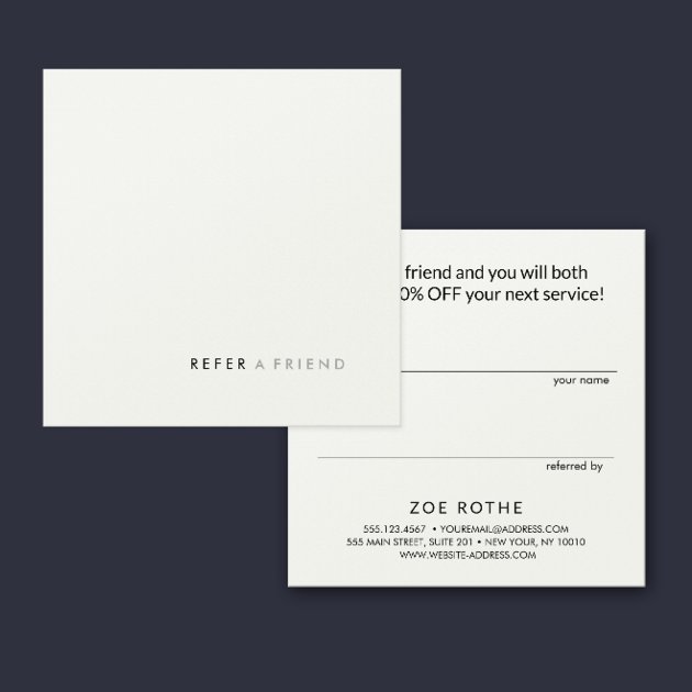 Simple Modern White Refer A Friend Referral Card Zazzle   Simple Modern White Refer A Friend Referral Card R D57jm 630 