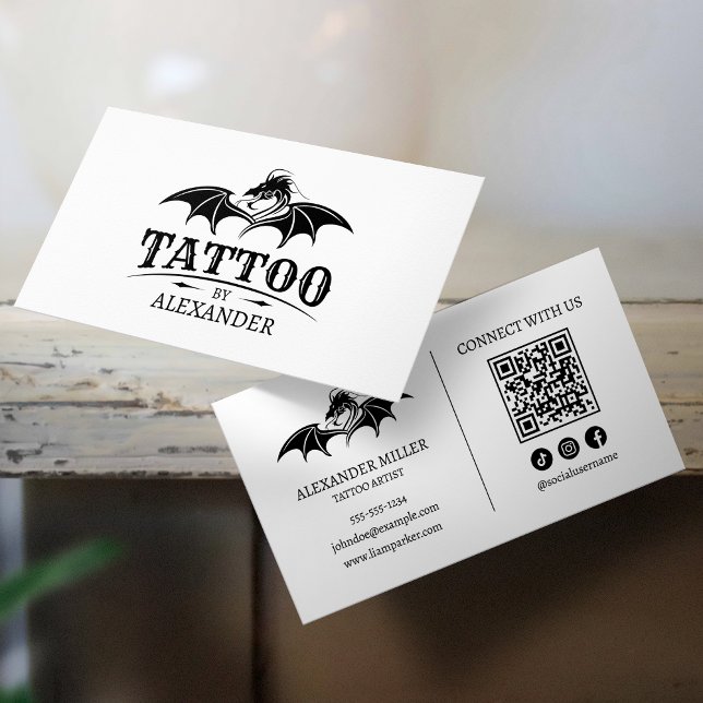 Simple Modern White Tattoo Artist Dragon QR Code Business Card (Creator Uploaded)