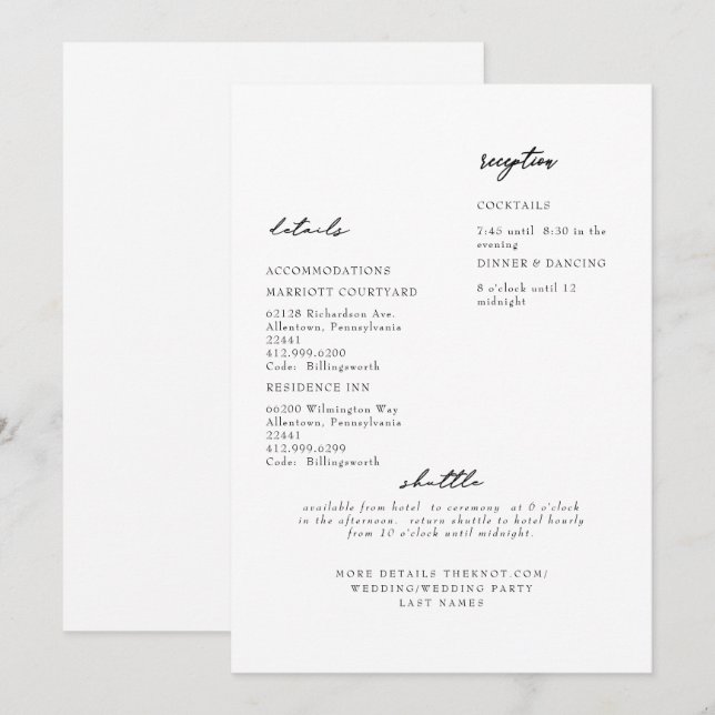Simple Modern White Wedding Detail Invitation (Front/Back)