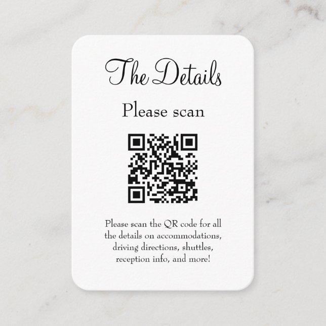 Simple Modern White Wedding Details with QR Code Enclosure Card (Front)