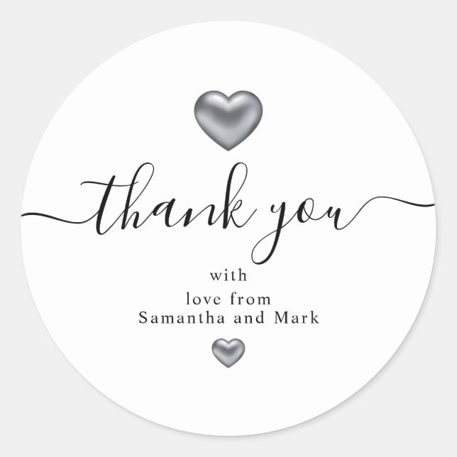 Simple Modern White Wedding Silver Heart Classic Round Sticker (Front)