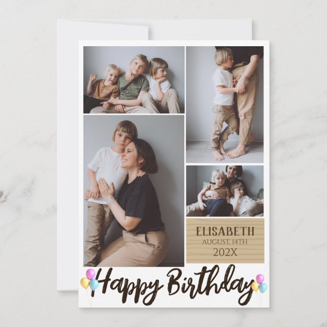Simple Modern Wood Birthday Stylish Photo Collage Card (Front)