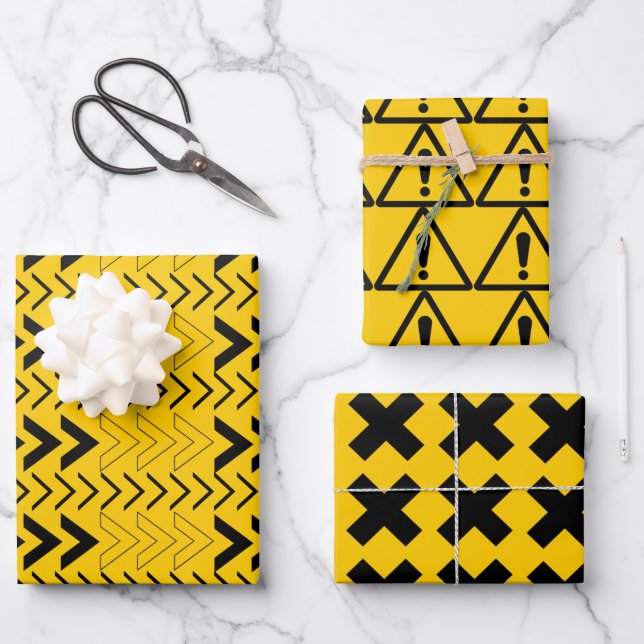Simple Modern Yellow and Black Caution Signs Wrapping Paper Sheets (Front)