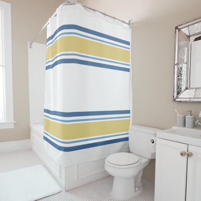Simple Modern Yellow And Blue Striped Shower Curtain (In Situ)