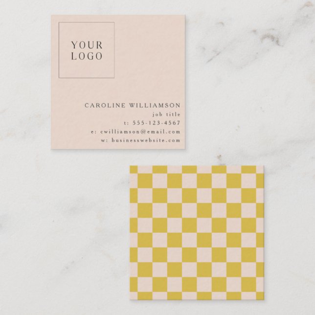 Simple Modern Yellow Checkerboard Your Logo Custom Square Business Card (Front/Back)